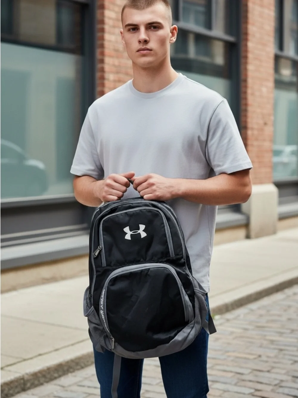 Under Armour Hustle Storm Black Grey Backpack School Hiking Travel Bag